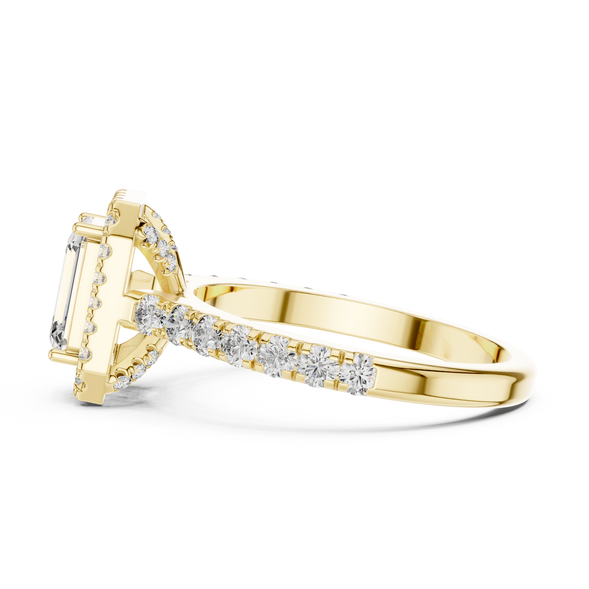 Lab Grown Emerald Cut Halo Diamond Ring with Pavé Band in Yellow Gold