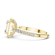 Lab Grown Emerald Cut Halo Diamond Ring with Pavé Band in Yellow Gold