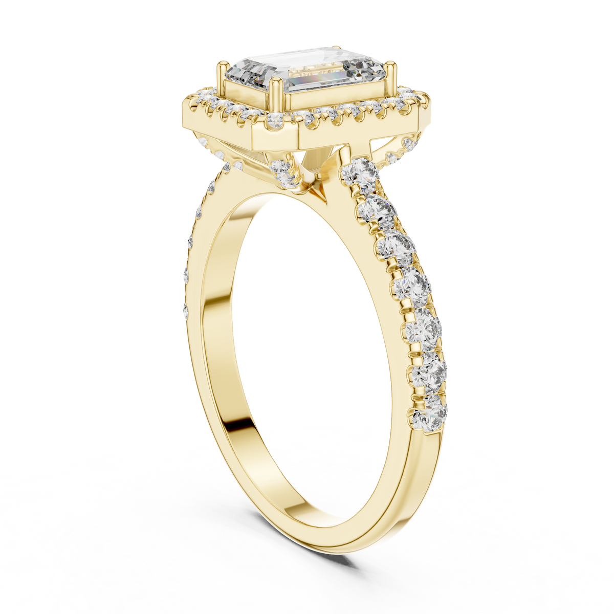 Lab Grown Emerald Cut Halo Diamond Ring with Pavé Band in Yellow Gold