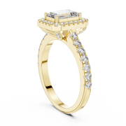 Lab Grown Emerald Cut Halo Diamond Ring with Pavé Band in Yellow Gold