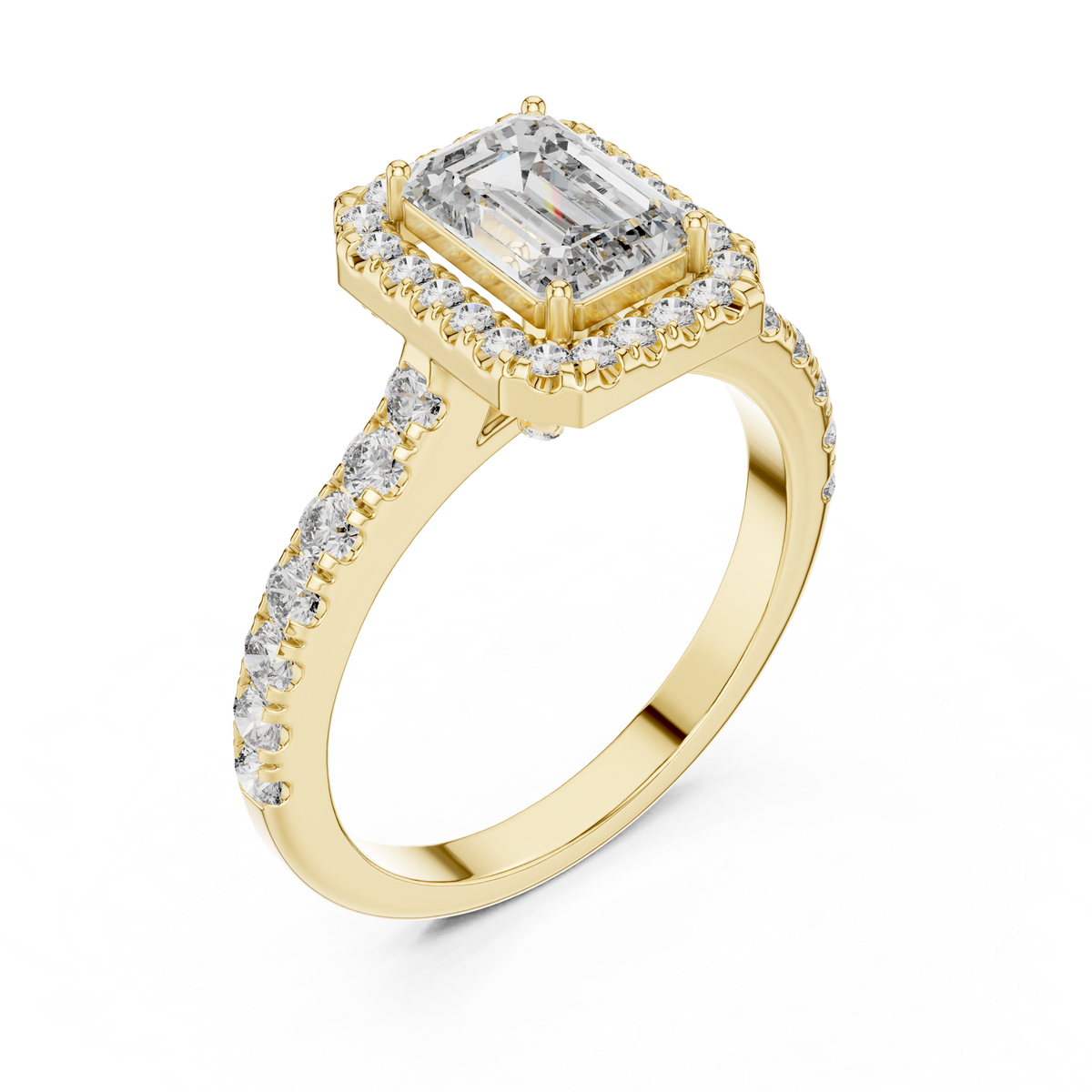 Lab Grown Emerald Cut Halo Diamond Ring with Pavé Band in Yellow Gold