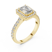 Lab Grown Emerald Cut Halo Diamond Ring with Pavé Band in Yellow Gold
