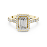 Lab Grown Emerald Cut Halo Diamond Ring with Pavé Band in Yellow Gold