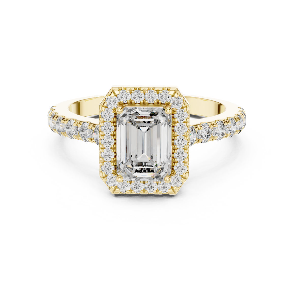Lab Grown Emerald Cut Halo Diamond Ring with Pavé Band in Yellow Gold
