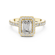 Lab Grown Emerald Cut Halo Diamond Ring with Pavé Band in Yellow Gold