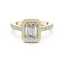 Lab Grown Emerald Cut Halo Diamond Ring with Pavé Band in Yellow Gold