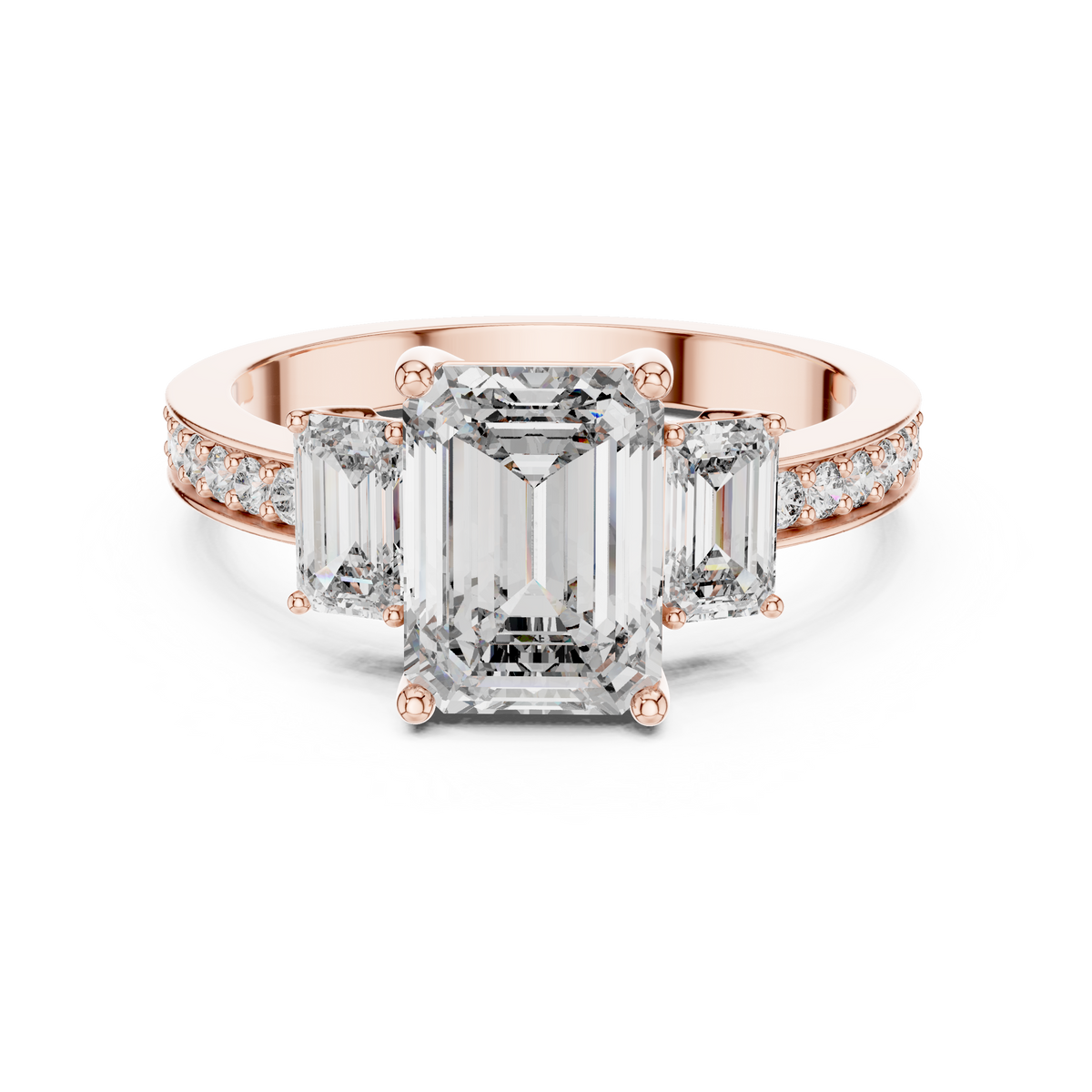 Lab Grown Emerald Cut Three Stone Diamond Ring with Accent Band in Yellow Gold