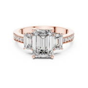 Lab Grown Emerald Cut Three Stone Diamond Ring with Accent Band in Yellow Gold