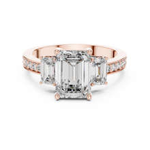 Lab Grown Emerald Cut Three Stone Diamond Ring with Accent Band in Yellow Gold