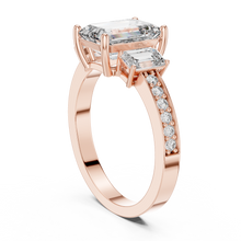 Lab Grown Emerald Cut Three Stone Diamond Ring with Accent Band in Yellow Gold