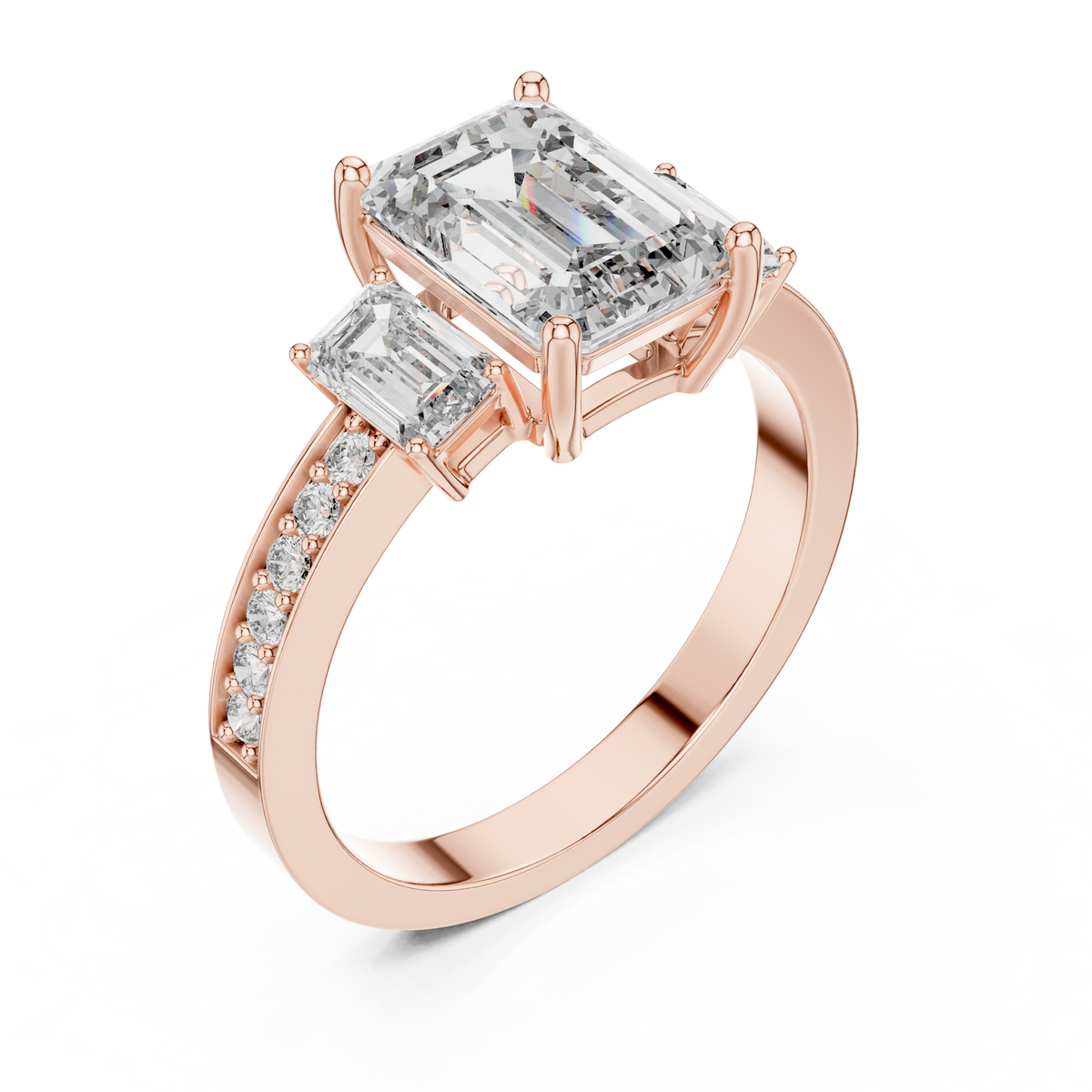Lab Grown Emerald Cut Three Stone Diamond Ring with Accent Band in Yellow Gold