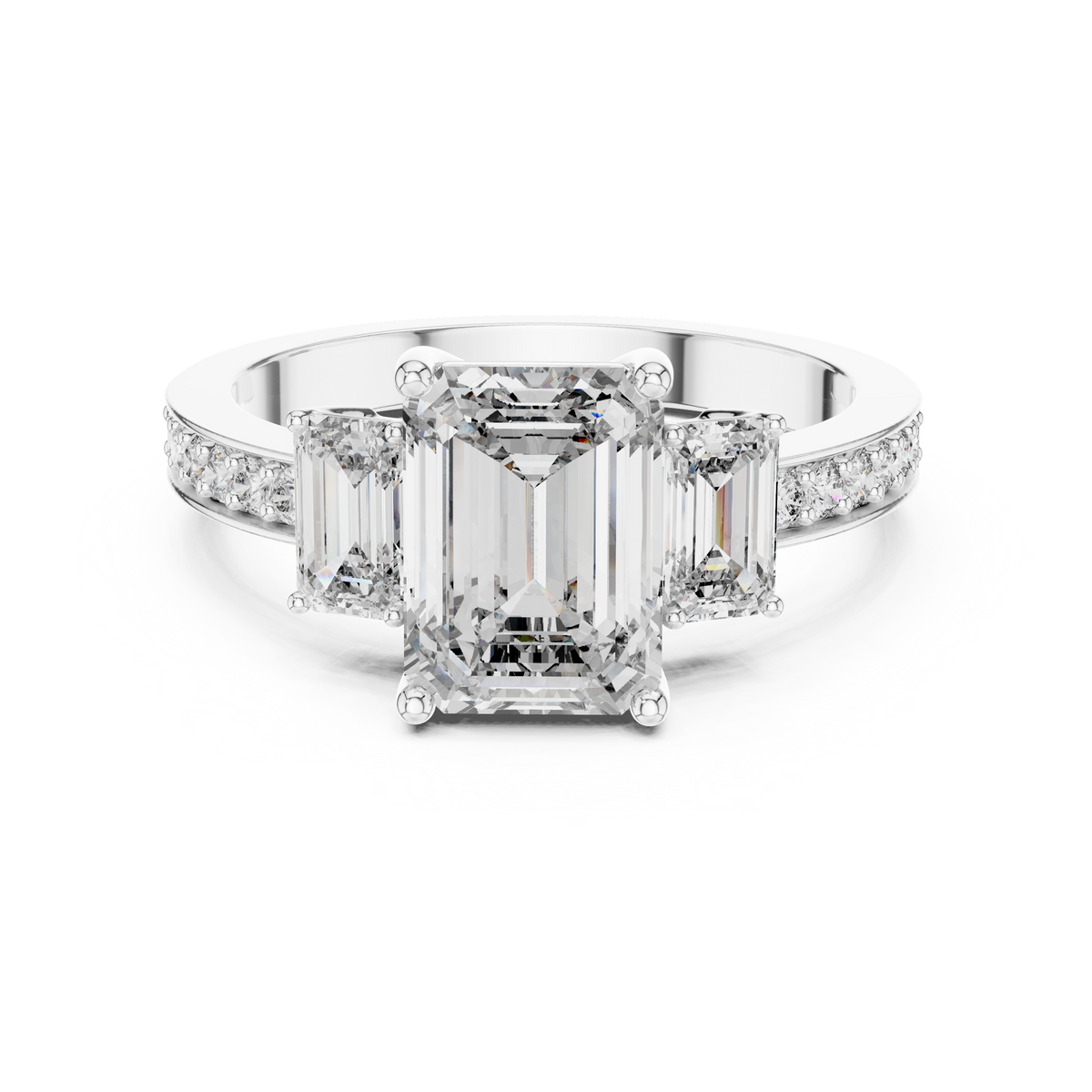 Lab Grown Emerald Cut Three Stone Diamond Ring with Accent Band in Yellow Gold