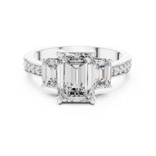 Lab Grown Emerald Cut Three Stone Diamond Ring with Accent Band in Yellow Gold