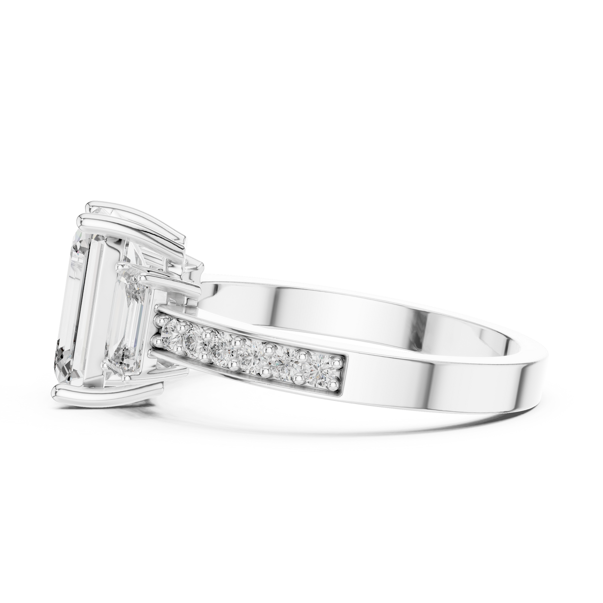 Lab Grown Emerald Cut Three Stone Diamond Ring with Accent Band in Yellow Gold