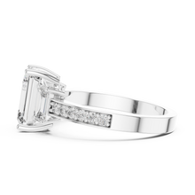 Lab Grown Emerald Cut Three Stone Diamond Ring with Accent Band in Yellow Gold