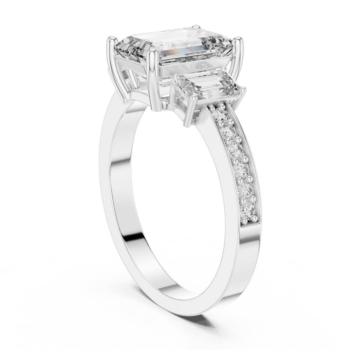 Lab Grown Emerald Cut Three Stone Diamond Ring with Accent Band in Yellow Gold