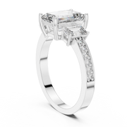 Lab Grown Emerald Cut Three Stone Diamond Ring with Accent Band in Yellow Gold