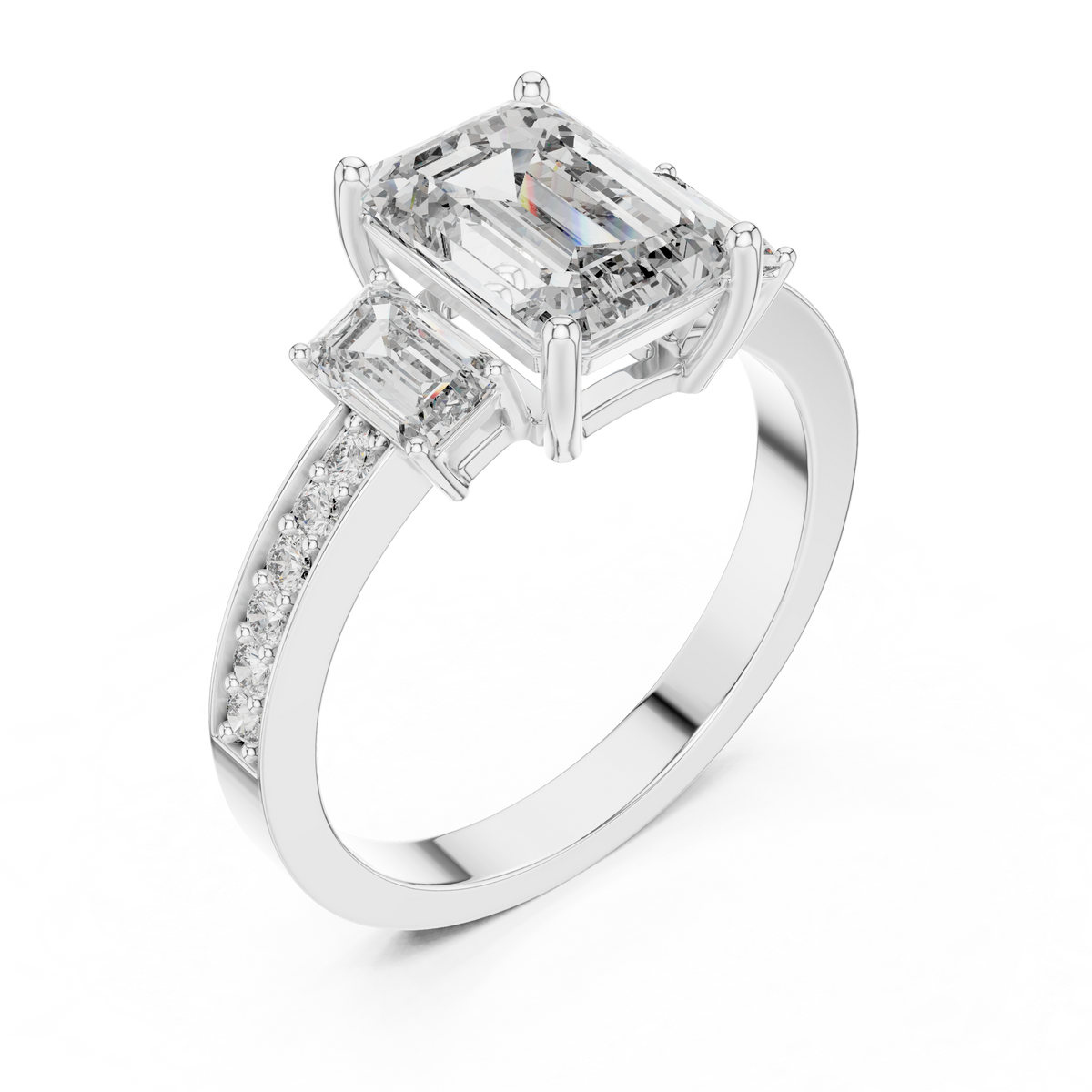 Lab Grown Emerald Cut Three Stone Diamond Ring with Accent Band in Yellow Gold