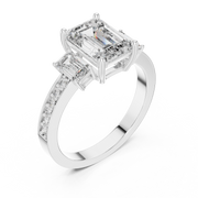 Lab Grown Emerald Cut Three Stone Diamond Ring with Accent Band in Yellow Gold