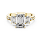 Lab Grown Emerald Cut Three Stone Diamond Ring with Accent Band in Yellow Gold