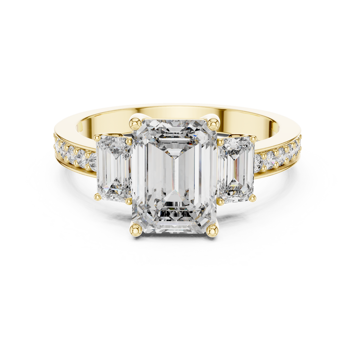 Lab Grown Emerald Cut Three Stone Diamond Ring with Accent Band in Yellow Gold