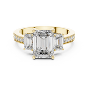 Lab Grown Emerald Cut Three Stone Diamond Ring with Accent Band in Yellow Gold
