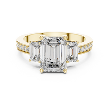 Lab Grown Emerald Cut Three Stone Diamond Ring with Accent Band in Yellow Gold