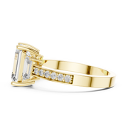 Lab Grown Emerald Cut Three Stone Diamond Ring with Accent Band in Yellow Gold