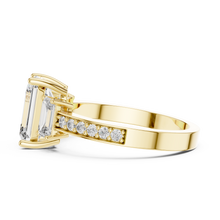 Lab Grown Emerald Cut Three Stone Diamond Ring with Accent Band in Yellow Gold