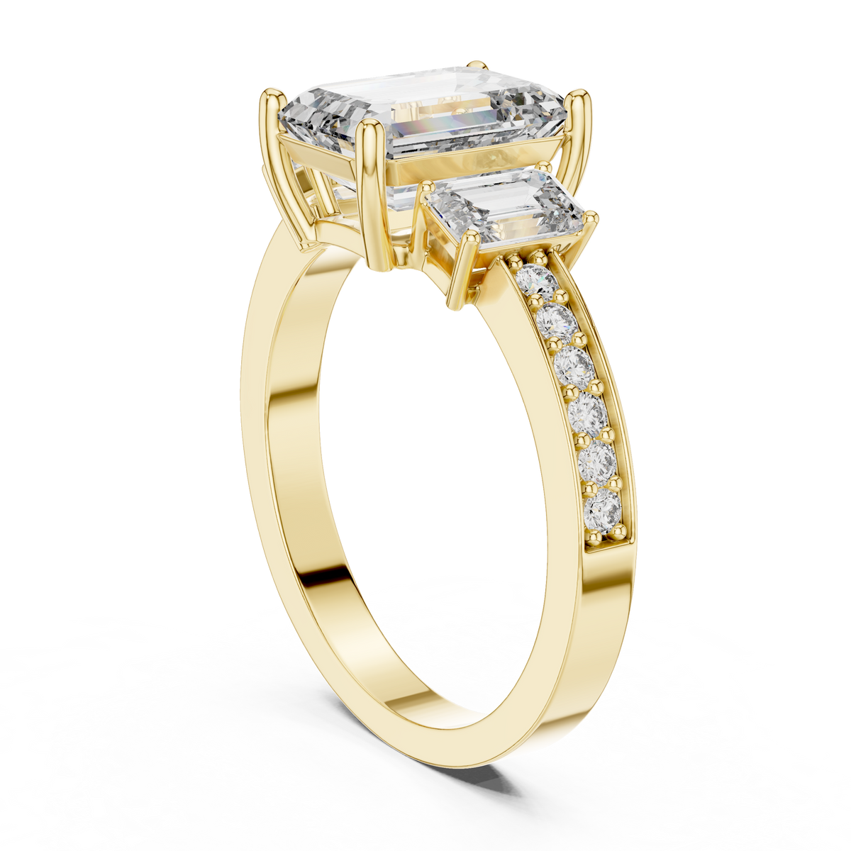 Lab Grown Emerald Cut Three Stone Diamond Ring with Accent Band in Yellow Gold
