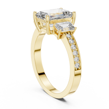 Lab Grown Emerald Cut Three Stone Diamond Ring with Accent Band in Yellow Gold