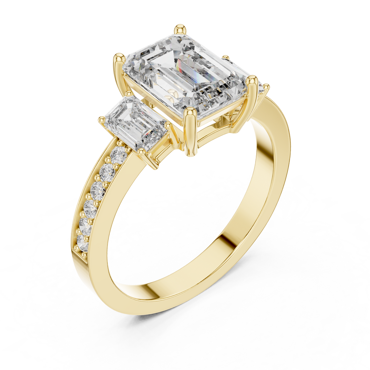 Lab Grown Emerald Cut Three Stone Diamond Ring with Accent Band in Yellow Gold