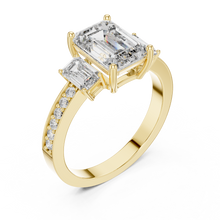 Lab Grown Emerald Cut Three Stone Diamond Ring with Accent Band in Yellow Gold