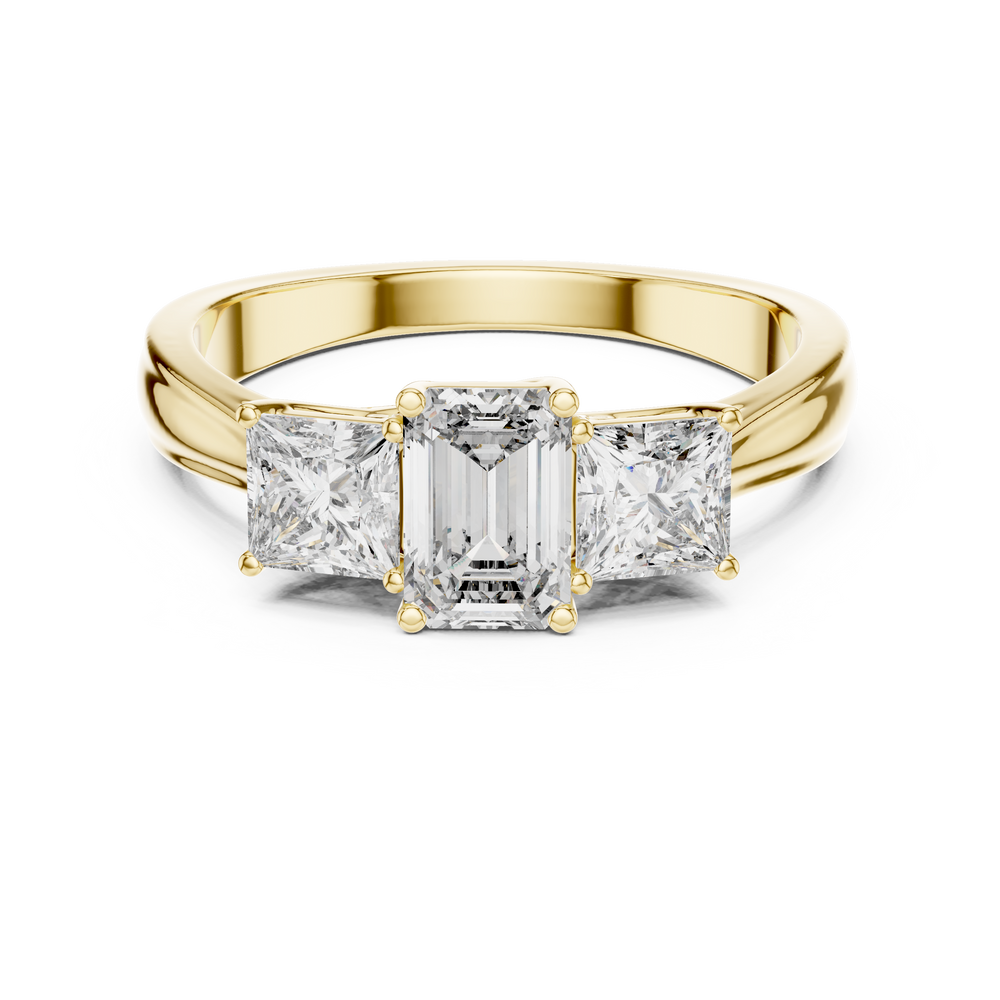 Lab Grown Emerald Cut Three Stone Diamond Ring with Princess Side Stones in Yellow Gold