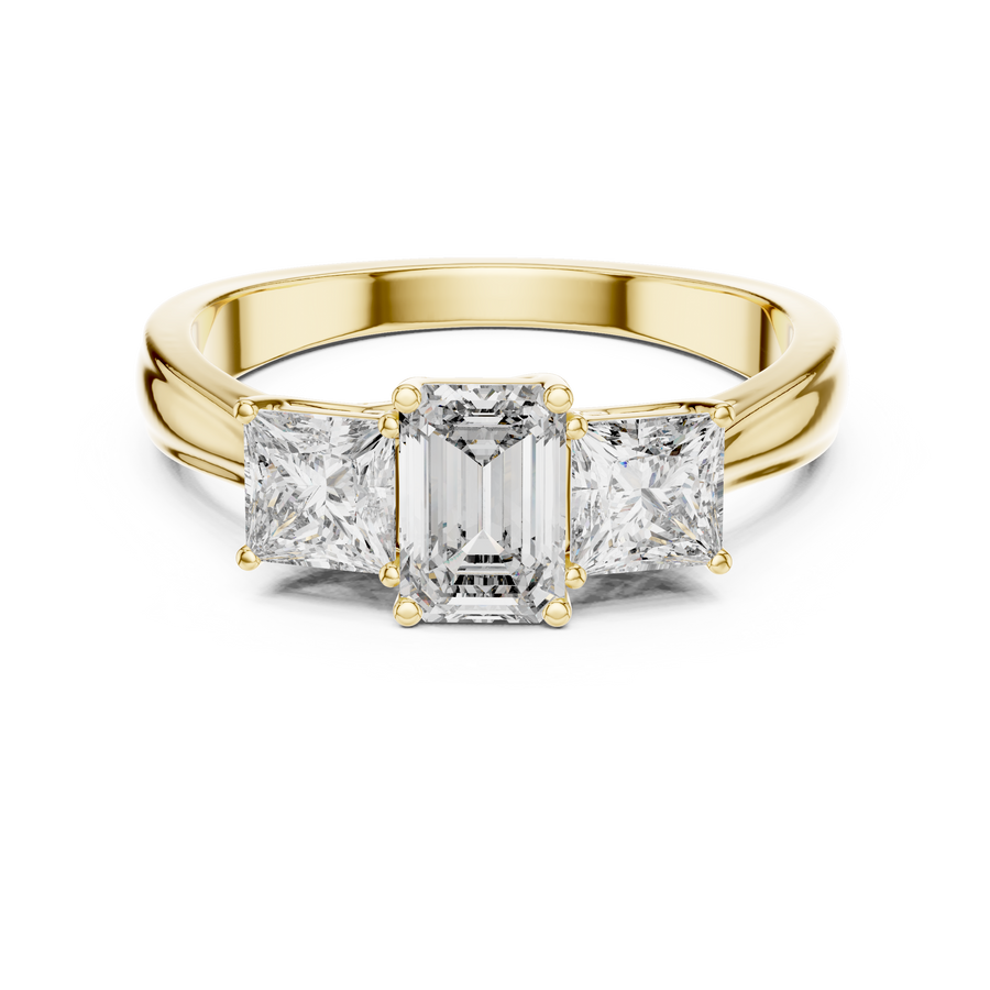 Lab Grown Emerald Cut Three Stone Diamond Ring with Princess Side Stones in Yellow Gold