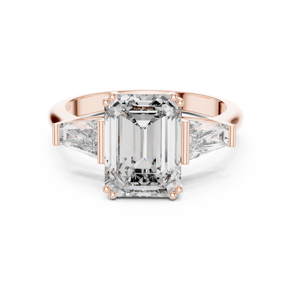 Lab Grown Emerald Cut Three Stone Diamond Ring with Tapered Baguette Sides in Yellow Gold