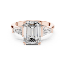 Lab Grown Emerald Cut Three Stone Diamond Ring with Tapered Baguette Sides in Yellow Gold