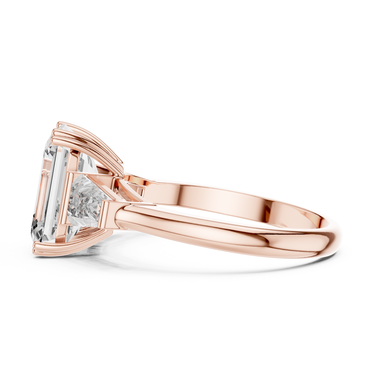 Lab Grown Emerald Cut Three Stone Diamond Ring with Tapered Baguette Sides in Yellow Gold