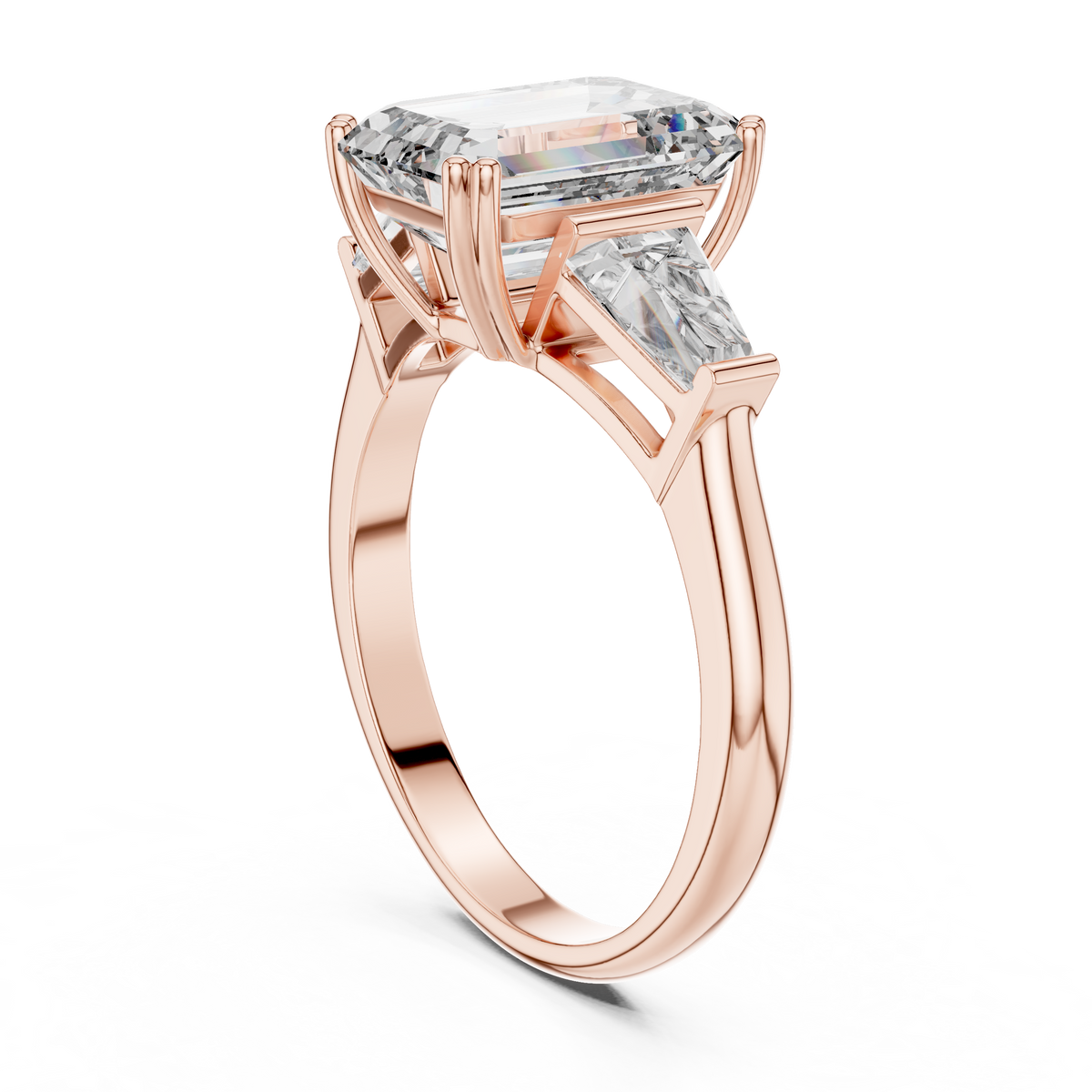Lab Grown Emerald Cut Three Stone Diamond Ring with Tapered Baguette Sides in Yellow Gold