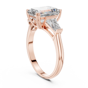 Lab Grown Emerald Cut Three Stone Diamond Ring with Tapered Baguette Sides in Yellow Gold