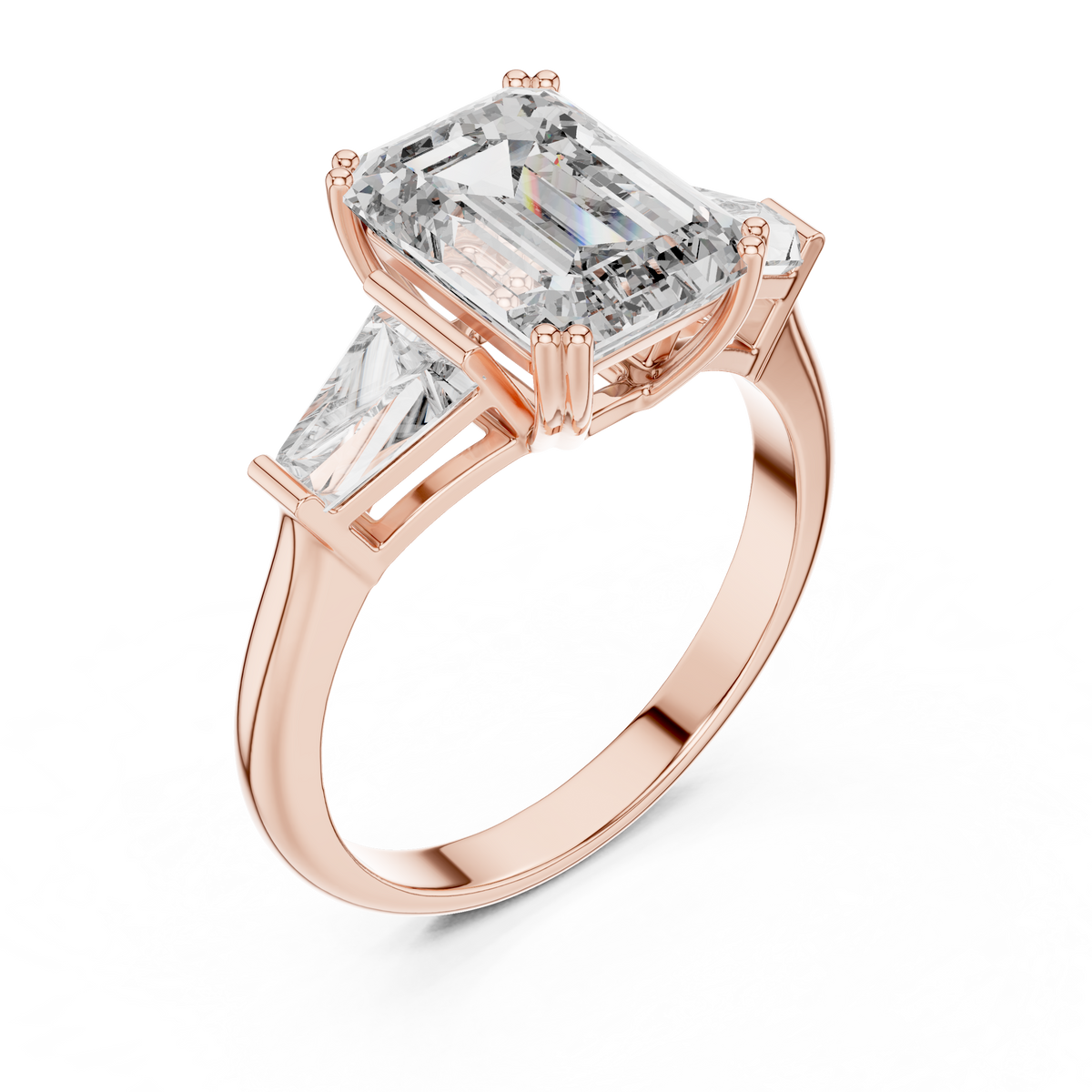 Lab Grown Emerald Cut Three Stone Diamond Ring with Tapered Baguette Sides in Yellow Gold