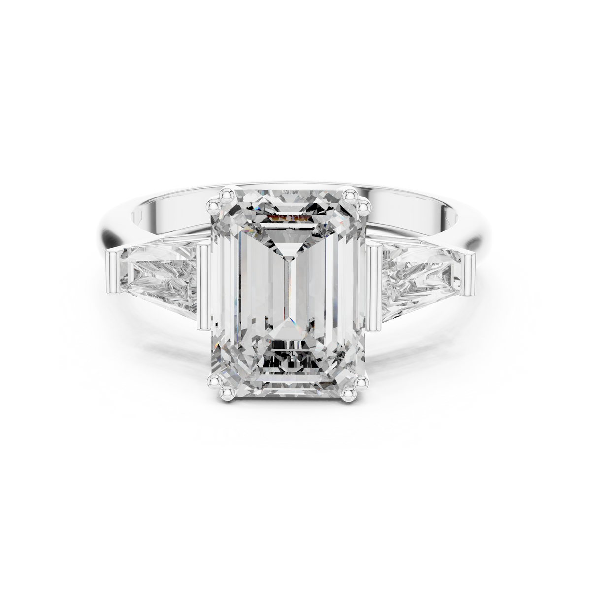 Lab Grown Emerald Cut Three Stone Diamond Ring with Tapered Baguette Sides in Yellow Gold
