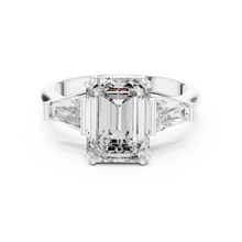 Lab Grown Emerald Cut Three Stone Diamond Ring with Tapered Baguette Sides in Yellow Gold