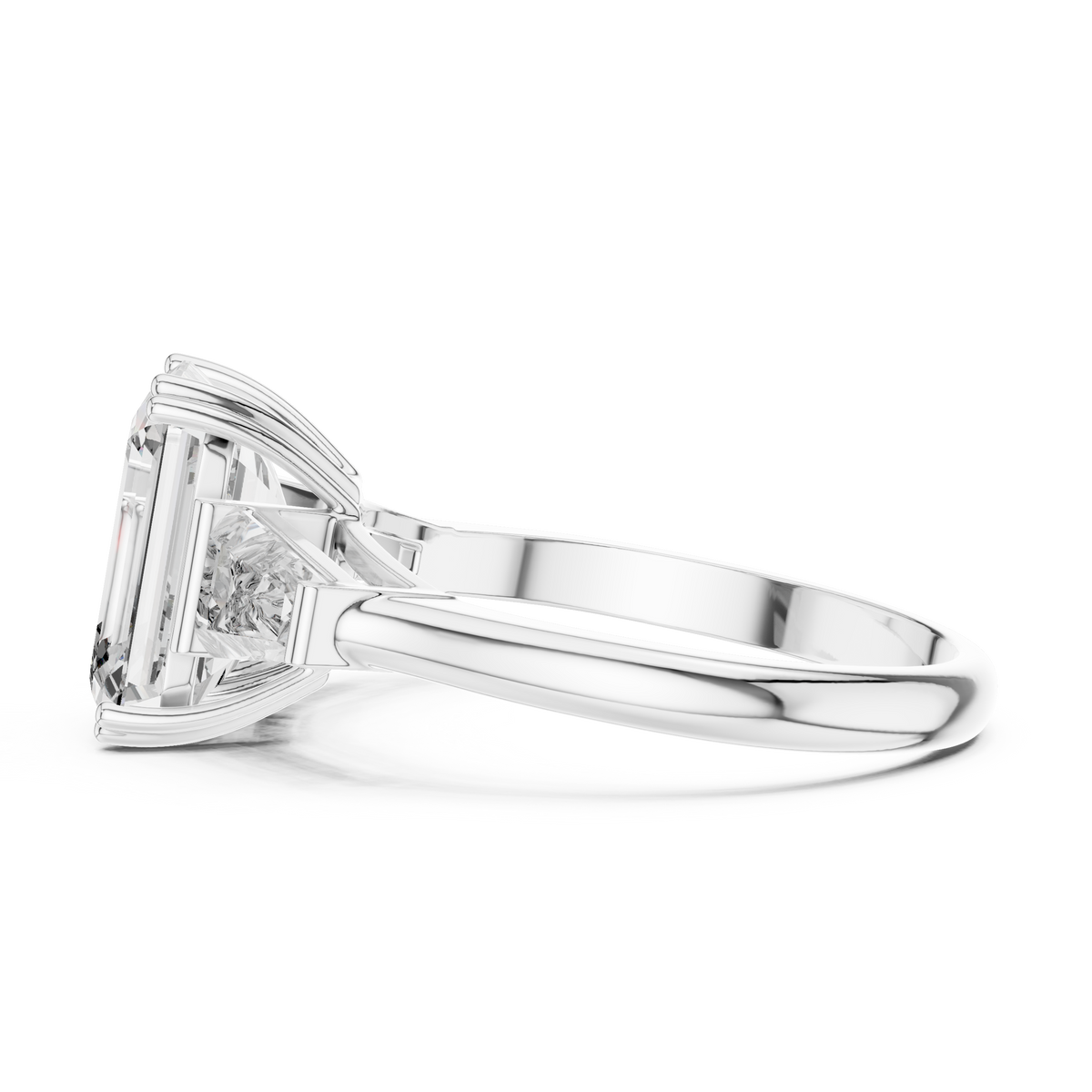 Lab Grown Emerald Cut Three Stone Diamond Ring with Tapered Baguette Sides in Yellow Gold