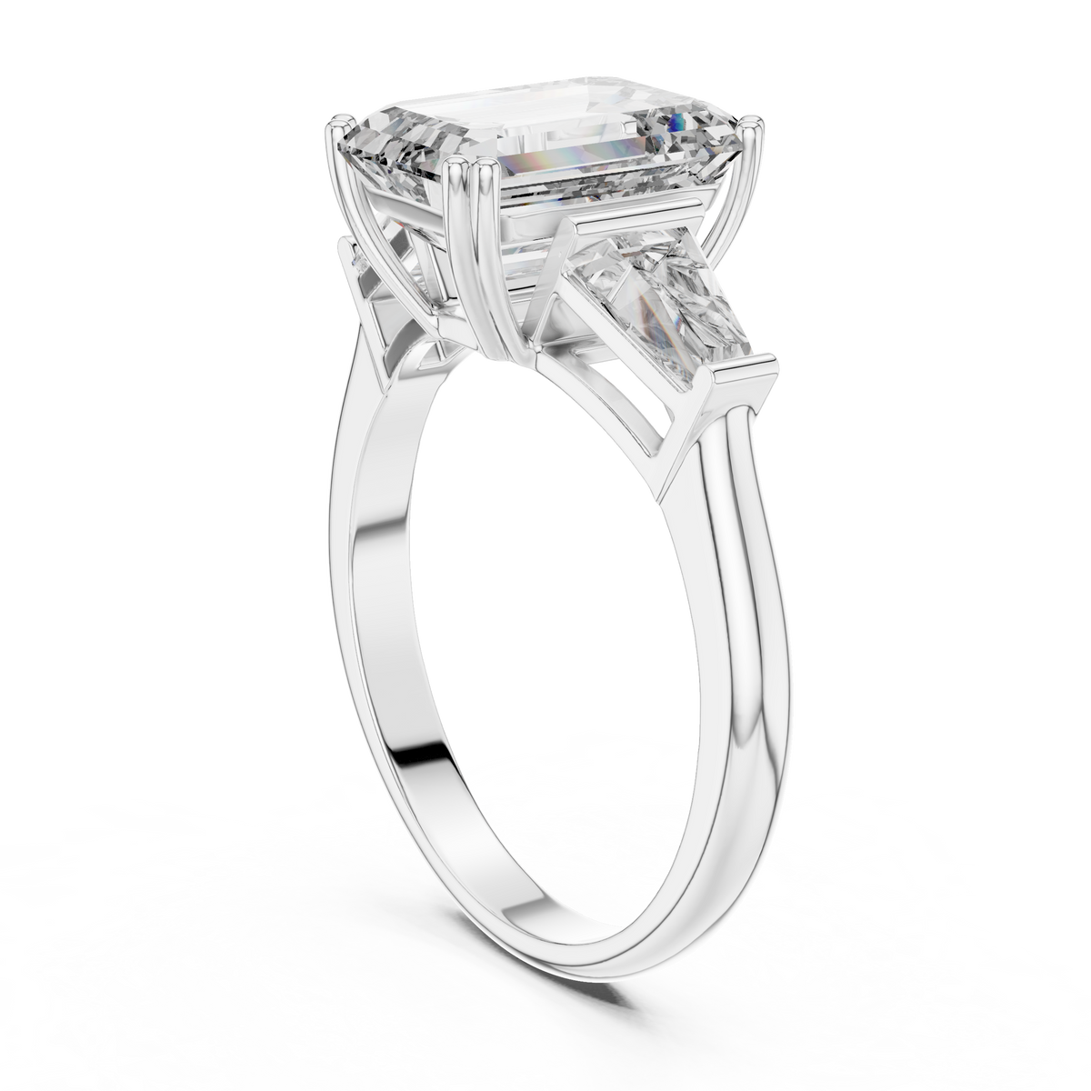 Lab Grown Emerald Cut Three Stone Diamond Ring with Tapered Baguette Sides in Yellow Gold
