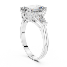Lab Grown Emerald Cut Three Stone Diamond Ring with Tapered Baguette Sides in Yellow Gold