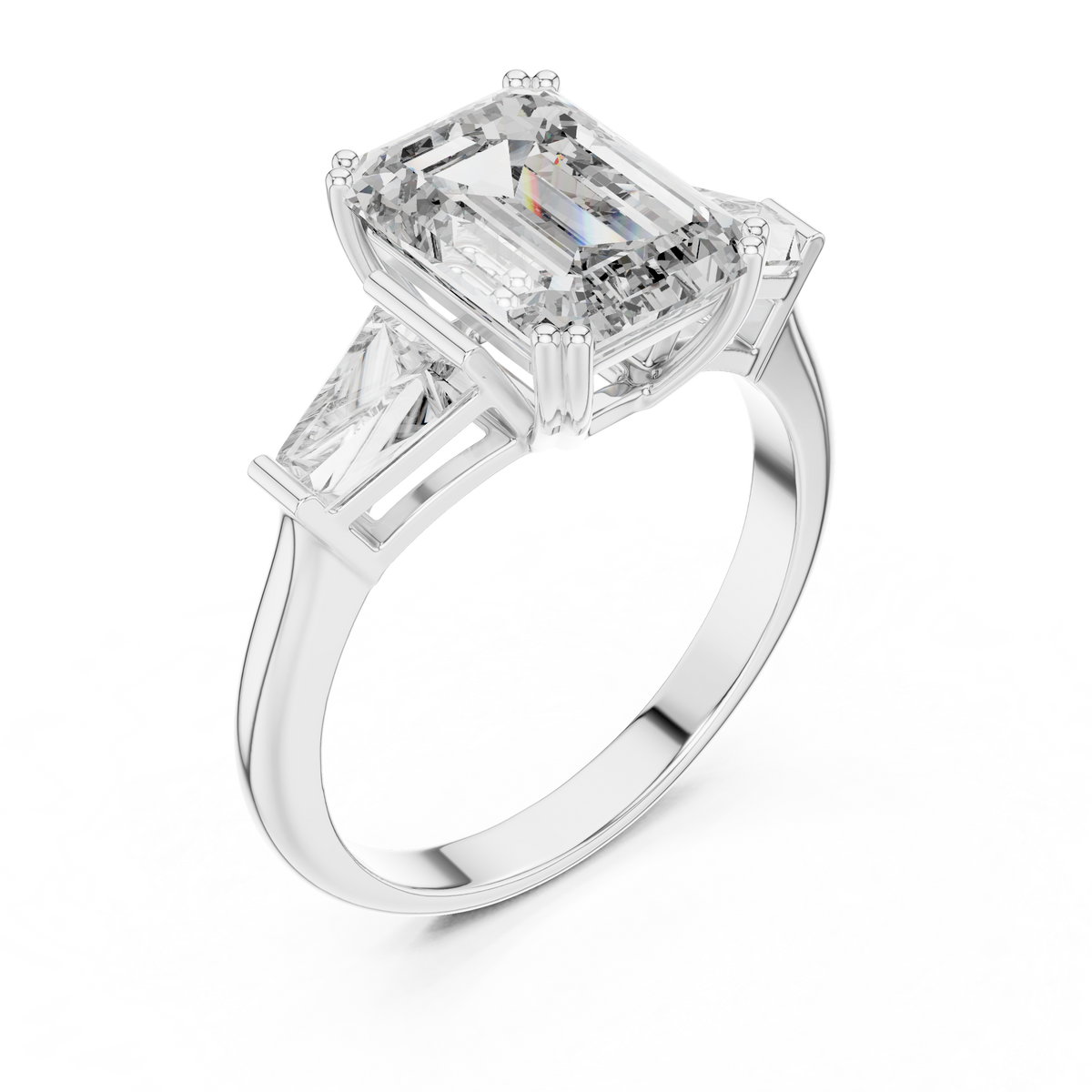 Lab Grown Emerald Cut Three Stone Diamond Ring with Tapered Baguette Sides in Yellow Gold