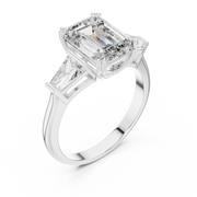 Lab Grown Emerald Cut Three Stone Diamond Ring with Tapered Baguette Sides in Yellow Gold