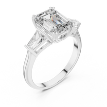 Lab Grown Emerald Cut Three Stone Diamond Ring with Tapered Baguette Sides in Yellow Gold