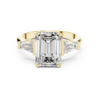 Lab Grown Emerald Cut Three Stone Diamond Ring with Tapered Baguette Sides in Yellow Gold